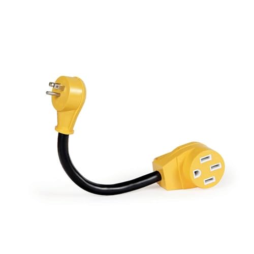Camco RV Dogbone Electrical Adapter with Innovative 180 Degree Bend Design and PowerGrip Handle - 15 Amp Male to 50 Amp Female, 12" (55168)