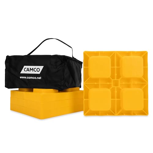Camco Camper/RV Leveling Blocks - Features Stackable Interlocking Design & Includes Zippered Bag for RV Storage - Compatible w/Single Wheels, Dual Wheels, Tandem Axles & More - 4-Pack (44501)