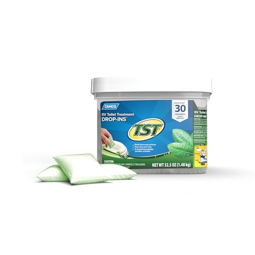 Camco TST RV Toilet Treatment Drop-INs - Control Unwanted Odors and Break Down Waste and Tissue - Safe Septic Tank Treatment - Fresh Scent - 30-Pack (40263)