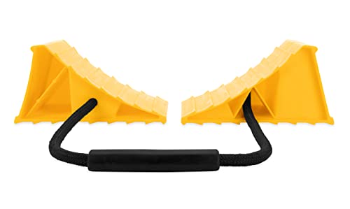 Camco Dual Standard RV Wheel Chock w/Rope - Heavy Duty Trailer Wheel Chock Constructed of Durable Plastic w/UV inhibitors - Features Rope Handle for Easy Removal - Use w/Tires Up to 26-in – 44470