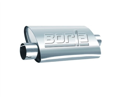 BORLA 40664 ProXS ProXS Muffler 2.25" Offset Inlet/ 2.25" Center Outlet, 4" x 9.5" Oval, 14" Long Body, 19" Overall Length. Universal Part. Reversible Design.