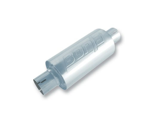 BORLA 40842S Specialty Universal Performance Muffler 2.5" Center Inlet / 2.5" Center Outlet 5" Round x 10" Long Body 15" Overall Length Un-Notched Necks Reversible Design T-304 Stainless Steel