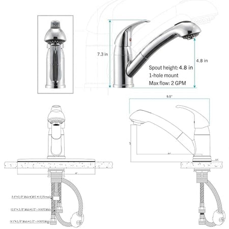 Dura Faucet Dura Faucet DF-NMK852-CP RV Pull-Out Swivel Single Handle Kitchen Sink Faucet - One-Hole (Chrome) - Outdoor Depot