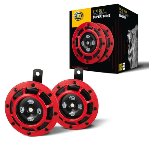 HELLA Supertone 12V Horn Set, 118dB, Low and High Tone (280Hz/350Hz), Red Protective Grilles, Part Number 00339991, 2-Pack