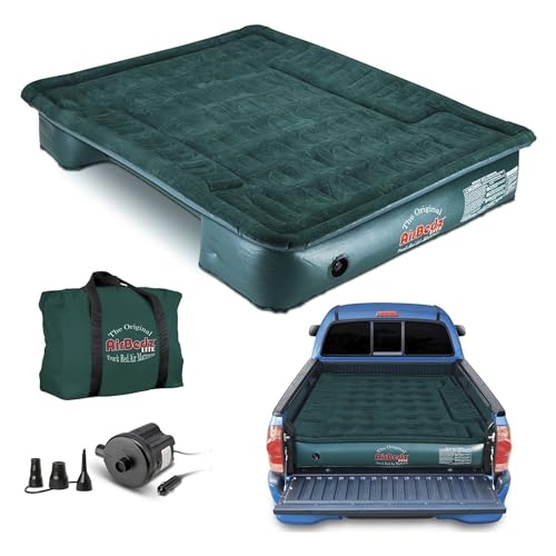 Pittman Outdoors AirBedz Lite – Truck Bed Air Mattress with 25% More Coverage, Portable DC Corded Pump, Mid Size - Standard Bed - 6'- 6.5’, Wheel Well Cutouts, Green – Camping & Travel Use, PPI PV203C