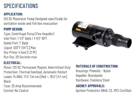 SHURFLO PENTAIR SHURFLO 3200-001 Macerator Pump, 12V RV Marine Waste Pump, 13 GPM High Flow, Dual Blade - Outdoor Depot