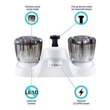 Dura Faucet Dura Faucet DF-PL720S-WT RV Bathroom Faucet with Smoked Acrylic Knobs and Shower Hose Diverter - Outdoor Depot