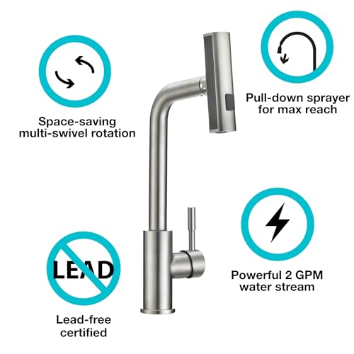 Dura Faucet Dura Faucet (DF-MK511X-SN) Rainfall RV Kitchen Faucet – Satin Nickel, Dual-Mode Rotating Spray - Outdoor Depot
