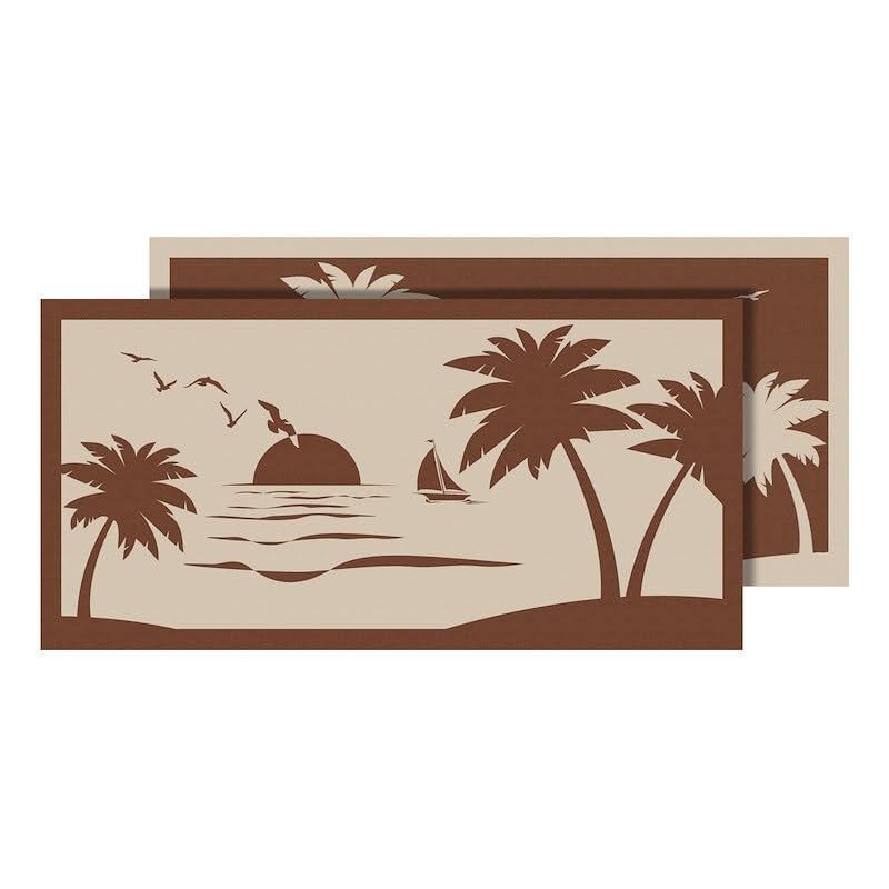 Faulkner Patio Mat 53001S, Beach and Palm Tree Design, 18 Ft Len x 9 Ft Width, Beige/Brown, Polypropylene, Reversible Fabric, Without Grommets, with Storage Bag/Corner Tie-Downs