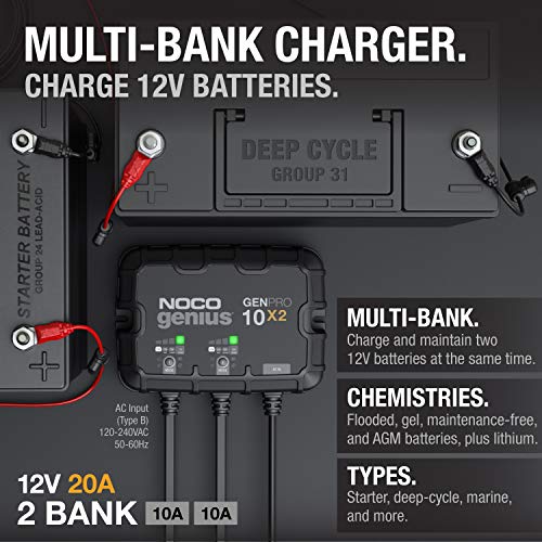 NOCO NOCO Genius GENPRO10X2: 2-Bank, 20A Onboard Battery Charger - 10A Per Bank, 12V Waterproof Marine - Outdoor Depot