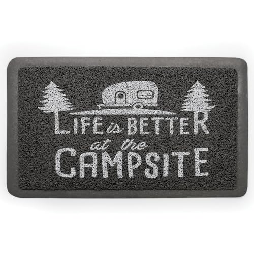 Camco Life is Better at The Campsite Scrub Mat - 26.5" by 15" - Non-Slip Backing - Gray/White - 53200