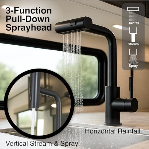 Dura Faucet Dura Faucet (DF-MK511X-MB) Rainfall RV Kitchen Faucet – Matte Black, Dual-Mode Rotating Spray - Outdoor Depot