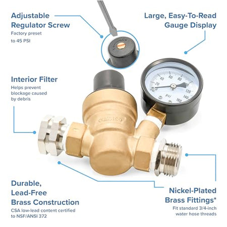 Camco Camco Adjustable RV/Marine Brass Water Pressure Regulator | Help Stop Damage to RV/Marine Appliances, - Outdoor Depot