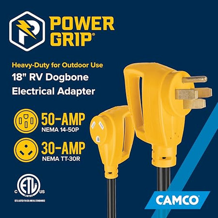 Camco Camco PowerGrip Dogbone RV Electrical Adapter - Features Heavy-Duty 50-Amp Male and 30-Amp Female - Outdoor Depot