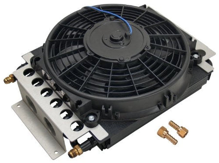 Derale Fluid Cooler and Fan, 15-3/4 x 11-1/2 x 5 in, Tube Type, 6 AN Male Inlet/Outlet, Fittings, - Outdoor Depot