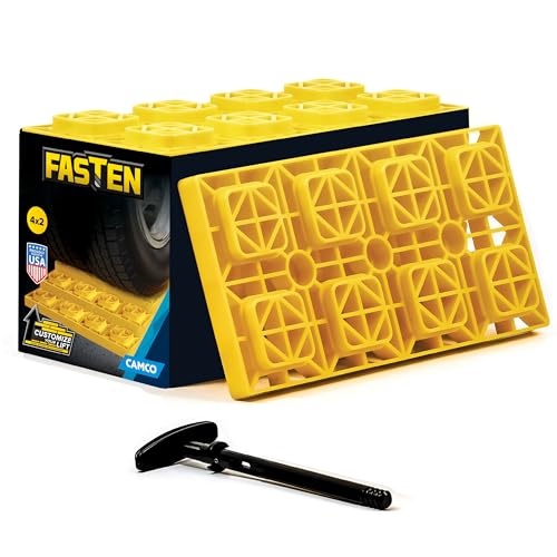 Camco Fasten RV Leveling Blocks - Features Interlocking Design for Customizable Height - Carrying Handle Twists to Secure Blocks for RV Storage - 17” x 8.5” x 1”, Yellow, 10-Pack (21023)