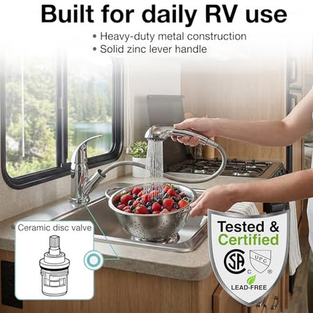 Dura Faucet Dura Faucet DF-NMK852-CP RV Pull-Out Swivel Single Handle Kitchen Sink Faucet - One-Hole (Chrome) - Outdoor Depot
