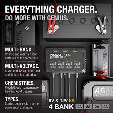 NOCO NOCO GENIUS2X4: 8A 4-Bank Smart Battery Charger (2A/Bank) - 6V/12V Automatic Maintainer, Trickle - Outdoor Depot