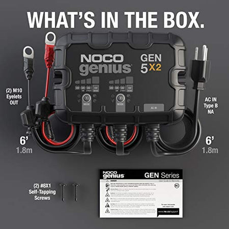 NOCO NOCO Genius GEN5X2: 2-Bank, 10A Onboard Battery Charger - 5A Per Bank, 12V Waterproof Marine Charger - Outdoor Depot