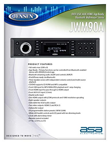 Jensen Jensen JWM90A Slimline 3-Zone Source Theater-Style Bluetooth Wallmount Stereo with App Control, - Outdoor Depot