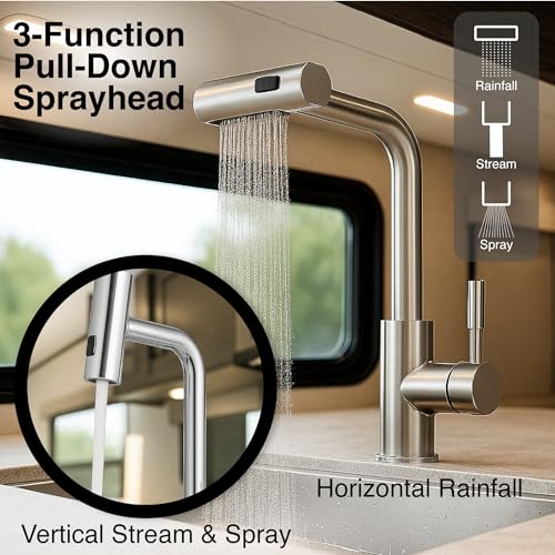 Dura Faucet Dura Faucet (DF-MK511X-SN) Rainfall RV Kitchen Faucet – Satin Nickel, Dual-Mode Rotating Spray - Outdoor Depot