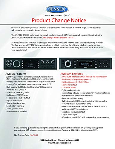 Jensen Jensen JWM90A Slimline 3-Zone Source Theater-Style Bluetooth Wallmount Stereo with App Control, - Outdoor Depot