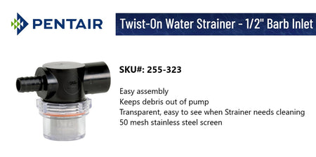 SHURFLO PENTAIR SHURFLO 255-323 Twist-On Water Strainer, 1/2" Barb Inlet, 1/2" NPSM Outlet - Outdoor Depot