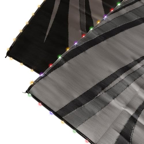 FAULKNER Patio Mat 53025, Modern Swish Design, 18 Foot Length x 9 Foot Width, Polypropylene, Reversible Black/Gray Fabric, with Grommets, Solar Powered Multicolor Or White LED Lights