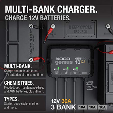 NOCO NOCO Genius GENPRO10X3, 3-Bank, 30A (10A/Bank) Smart Marine Battery Charger, 12V Waterproof Onboard - Outdoor Depot