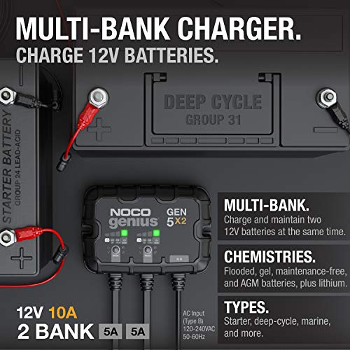 NOCO NOCO Genius GEN5X2: 2-Bank, 10A Onboard Battery Charger - 5A Per Bank, 12V Waterproof Marine Charger - Outdoor Depot