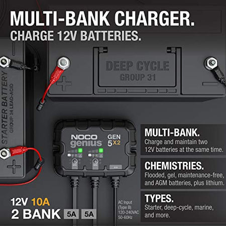 NOCO NOCO Genius GEN5X2: 2-Bank, 10A Onboard Battery Charger - 5A Per Bank, 12V Waterproof Marine Charger - Outdoor Depot