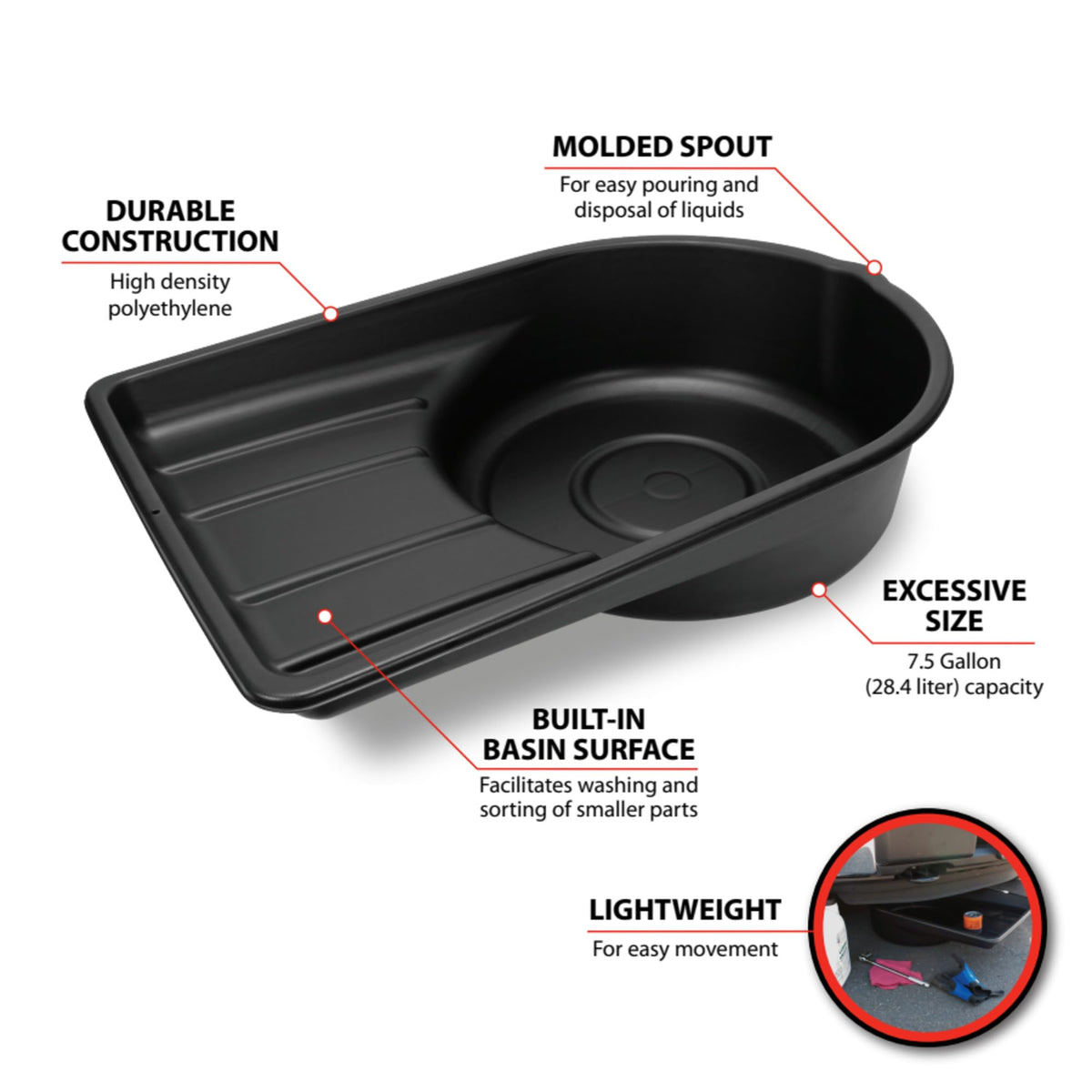 Performance Tool Performance Tool W4072 Black Extra Large Portable 7.5 Gallon Oil Drain Pan, (28.4 L) - Outdoor Depot