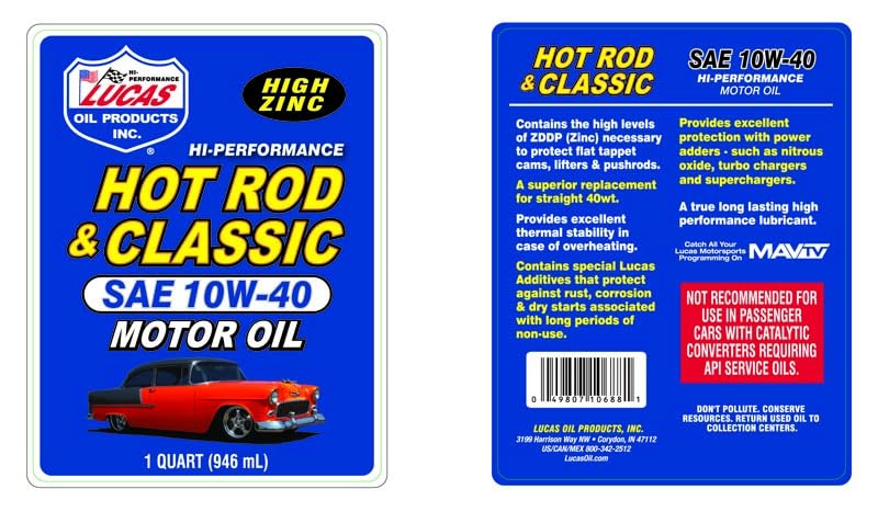 Lucas Oil Lucas Oil 10688 Hot Rod and Classic Car SAE 10W-40 Motor Oil - 1 Quart - Outdoor Depot