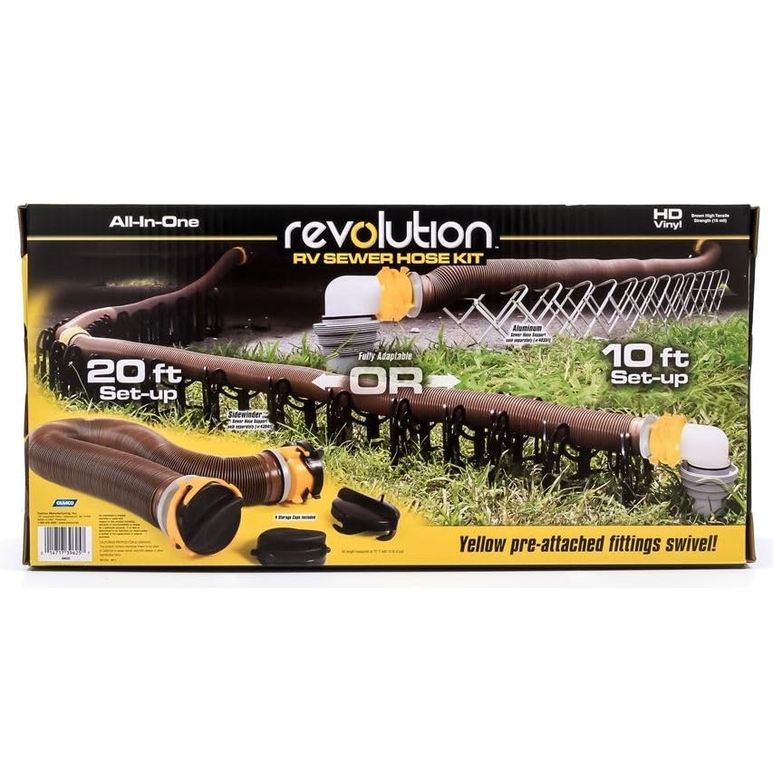 Camco Camco 39625 Revolution 20' Sewer Hose Kit with 360 Degree Swivel Fittings and 4-in1 Elbow Adapter, - Outdoor Depot