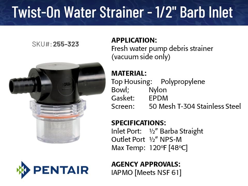 SHURFLO PENTAIR SHURFLO 255-323 Twist-On Water Strainer, 1/2" Barb Inlet, 1/2" NPSM Outlet - Outdoor Depot