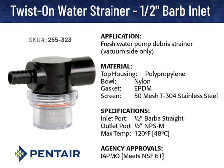 SHURFLO PENTAIR SHURFLO 255-323 Twist-On Water Strainer, 1/2" Barb Inlet, 1/2" NPSM Outlet - Outdoor Depot