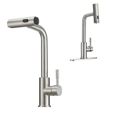 Dura Faucet Dura Faucet (DF-MK511X-SN) Rainfall RV Kitchen Faucet – Satin Nickel, Dual-Mode Rotating Spray - Outdoor Depot