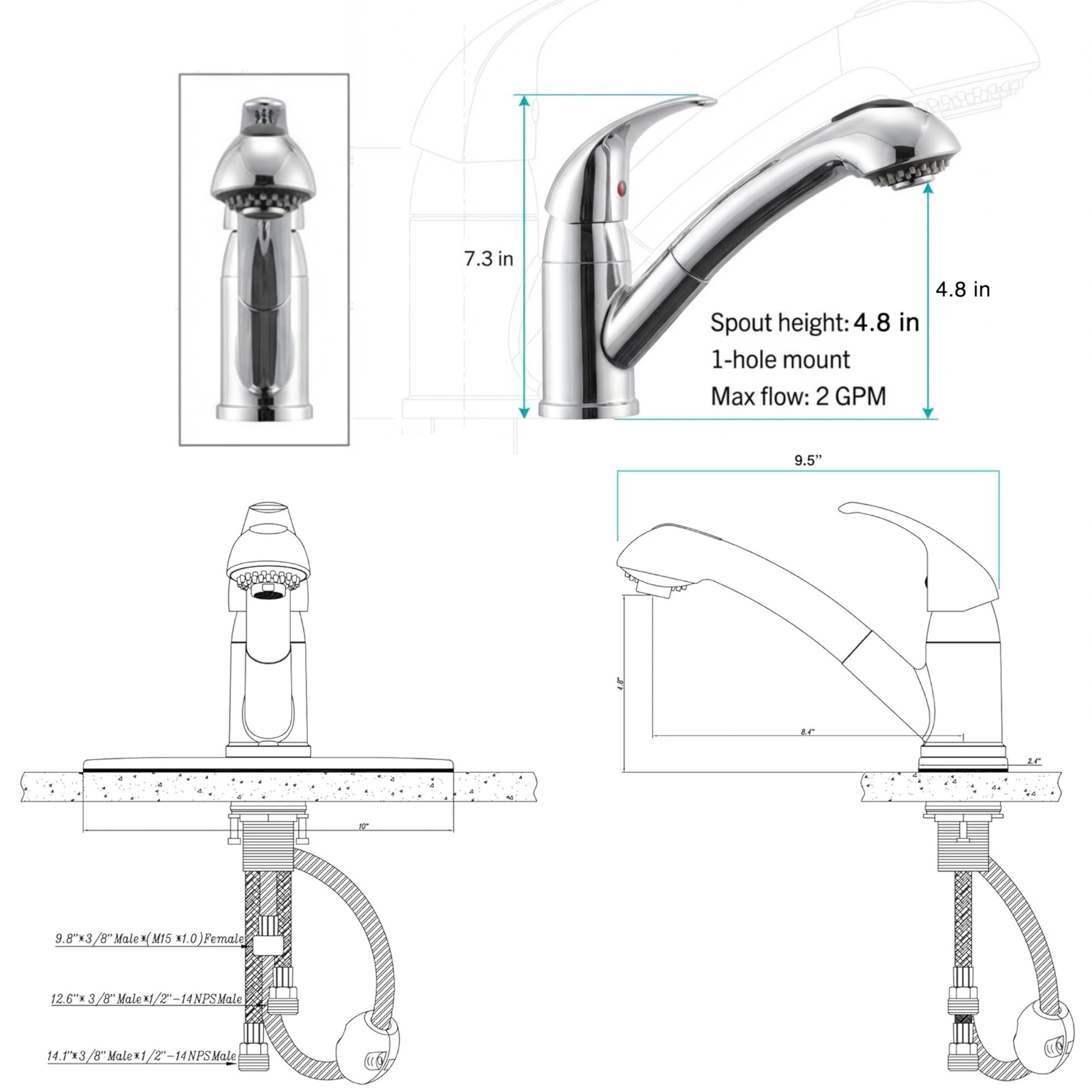 Dura Faucet Dura Faucet DF-NMK852-CP RV Pull-Out Swivel Single Handle Kitchen Sink Faucet - One-Hole (Chrome) - Outdoor Depot