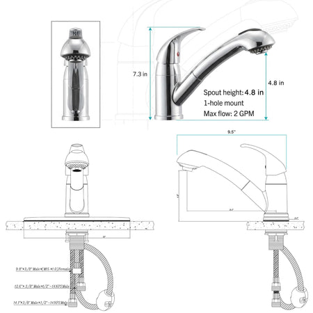 Dura Faucet Dura Faucet DF-NMK852-CP RV Pull-Out Swivel Single Handle Kitchen Sink Faucet - One-Hole (Chrome) - Outdoor Depot