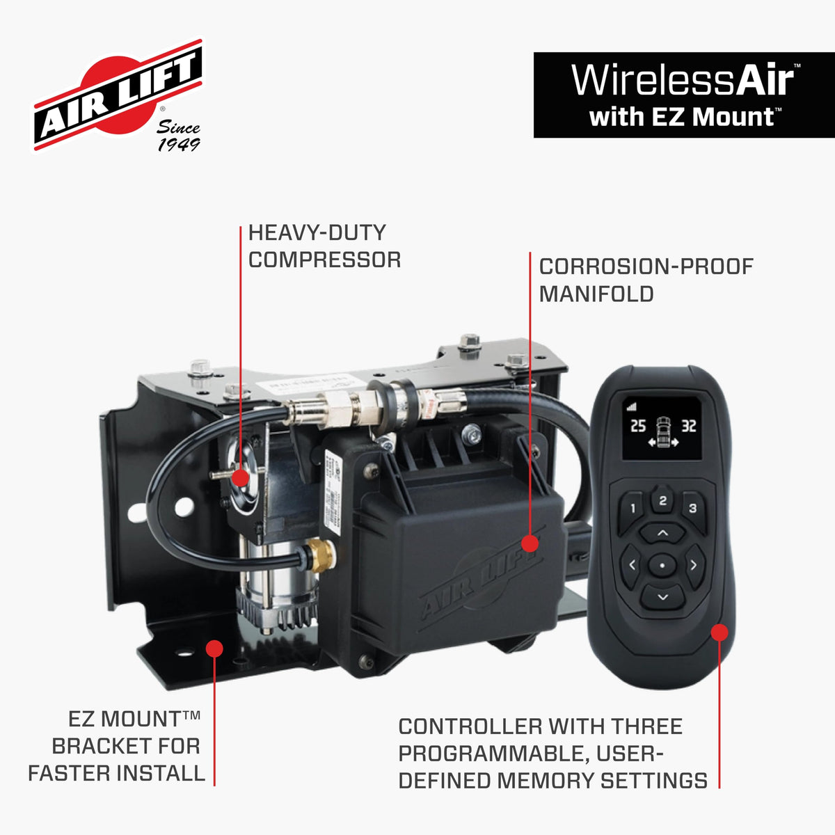 Air Lift Air Lift WirelessAir + EZ Mount, 2nd Generation On-Board Air Compressor with Mobile App - 74000EZ - Outdoor-Depot.us