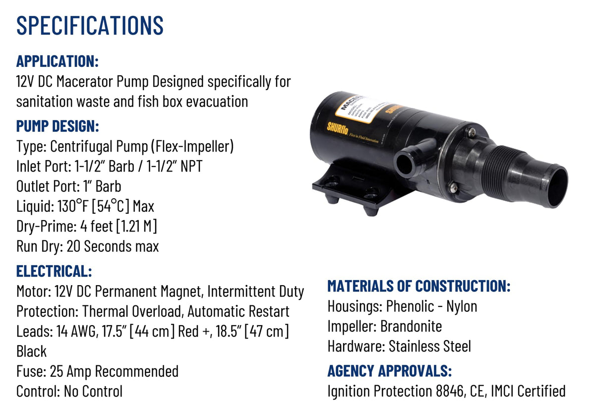 SHURFLO PENTAIR SHURFLO 3200-001 Macerator Pump, 12V RV Marine Waste Pump, 13 GPM High Flow, Dual Blade - Outdoor Depot