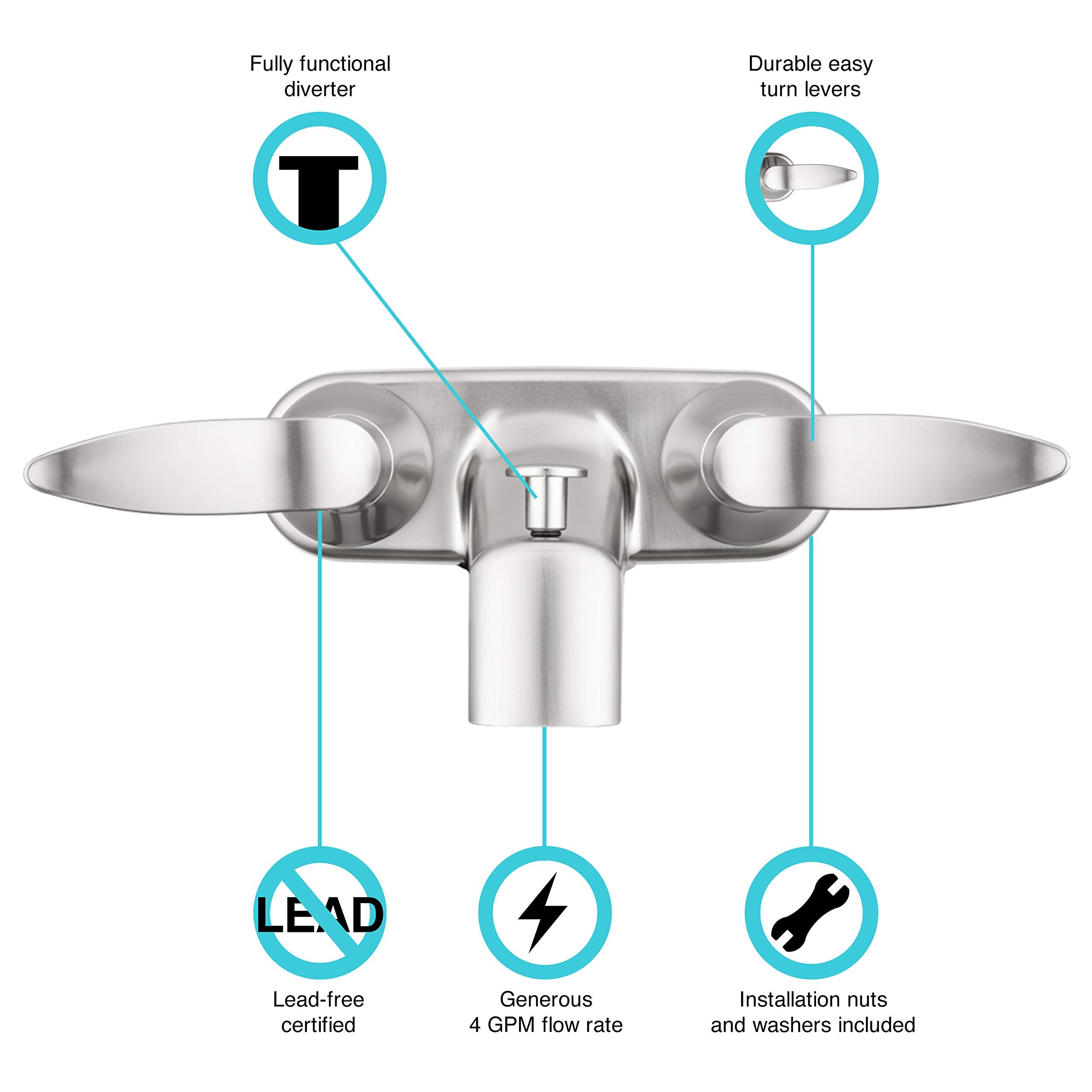Dura Faucet Dura Faucet DF-SA110LH-SN RV Tub, Shower Faucet Valve Diverter with Winged Levers (Brushed Satin - Outdoor Depot