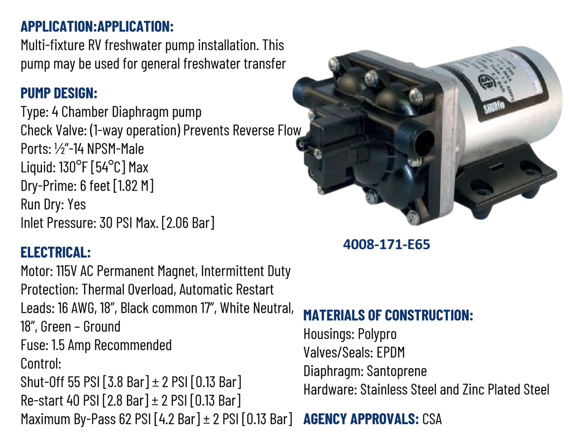 SHURFLO PENTAIR SHURFLO Revolution 4008-171-E65 RV Fresh Water Pump 115V AC 3.0 GPM 55 PSI Quiet Automatic - Outdoor Depot