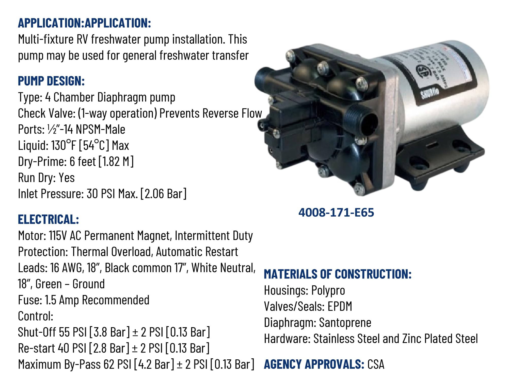 SHURFLO PENTAIR SHURFLO Revolution 4008-171-E65 RV Fresh Water Pump 115V AC 3.0 GPM 55 PSI Quiet Automatic - Outdoor Depot
