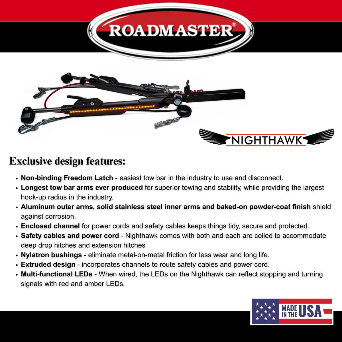 Roadmaster Roadmaster 676 Nighthawk Tow Bar fits Roadmaster Baseplates | Hauls Up to 8,000 lbs | Non-Binding - Outdoor Depot