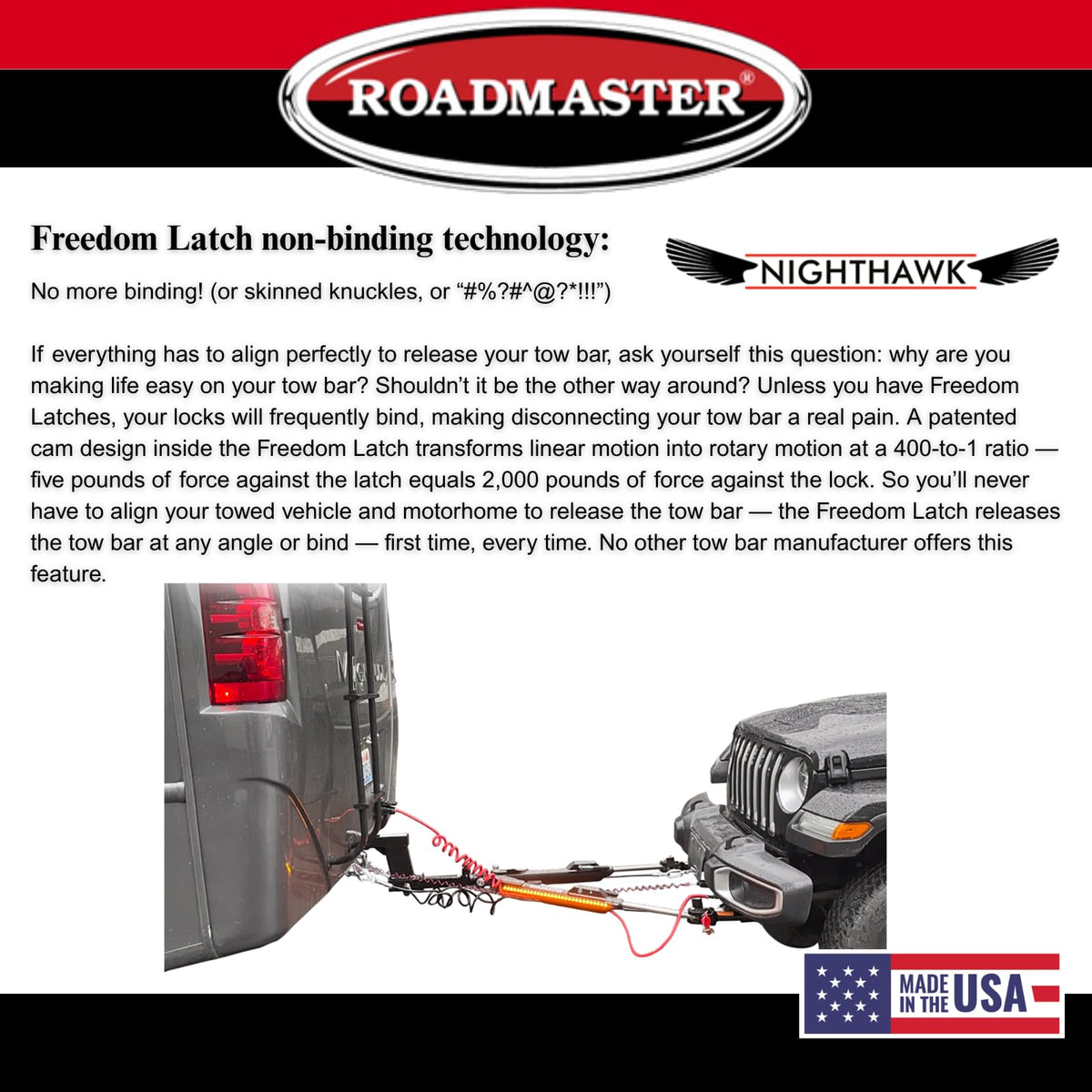 Roadmaster Roadmaster 676 Nighthawk Tow Bar fits Roadmaster Baseplates | Hauls Up to 8,000 lbs | Non-Binding - Outdoor Depot
