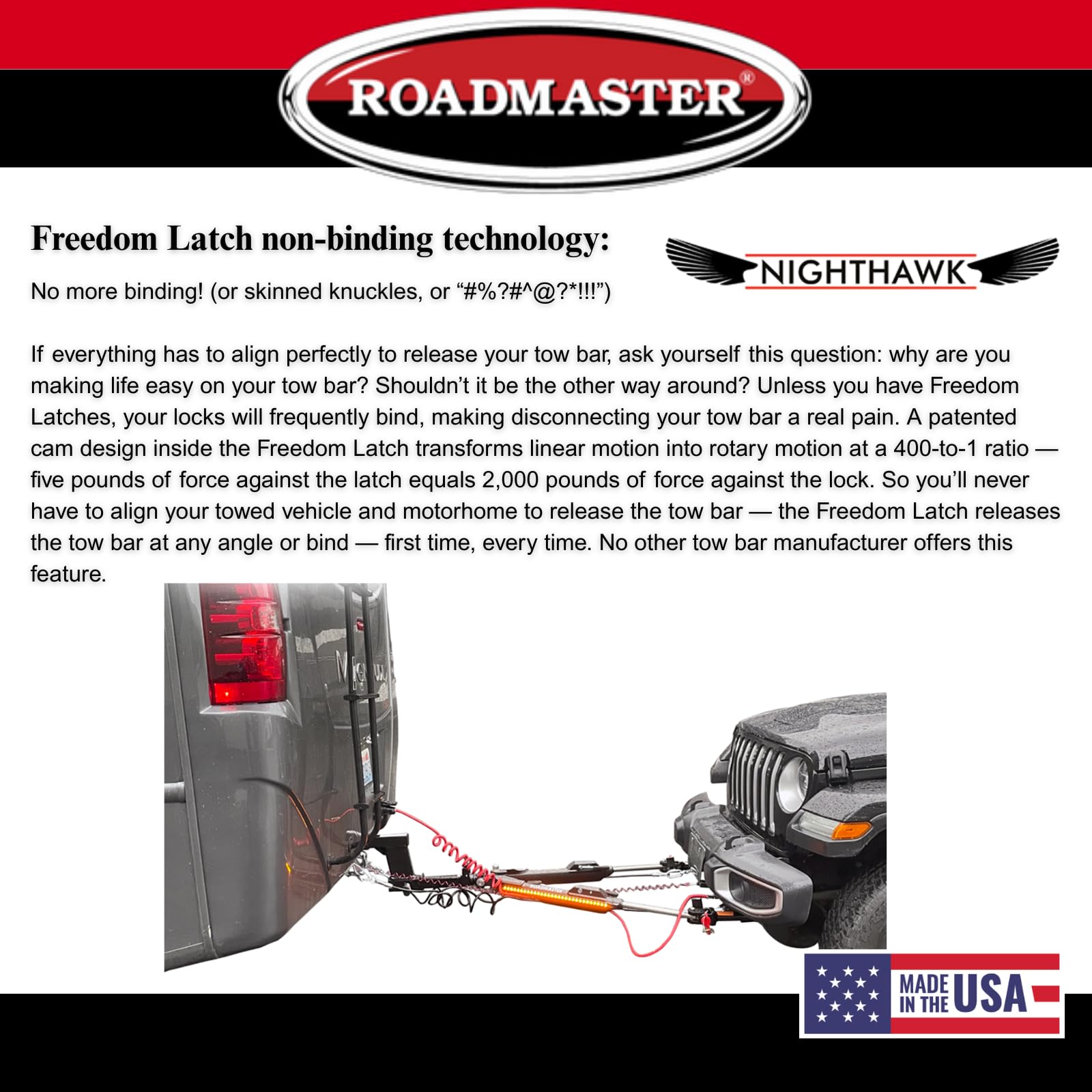 Roadmaster Roadmaster 676 Nighthawk Tow Bar fits Roadmaster Baseplates | Hauls Up to 8,000 lbs | Non-Binding - Outdoor Depot