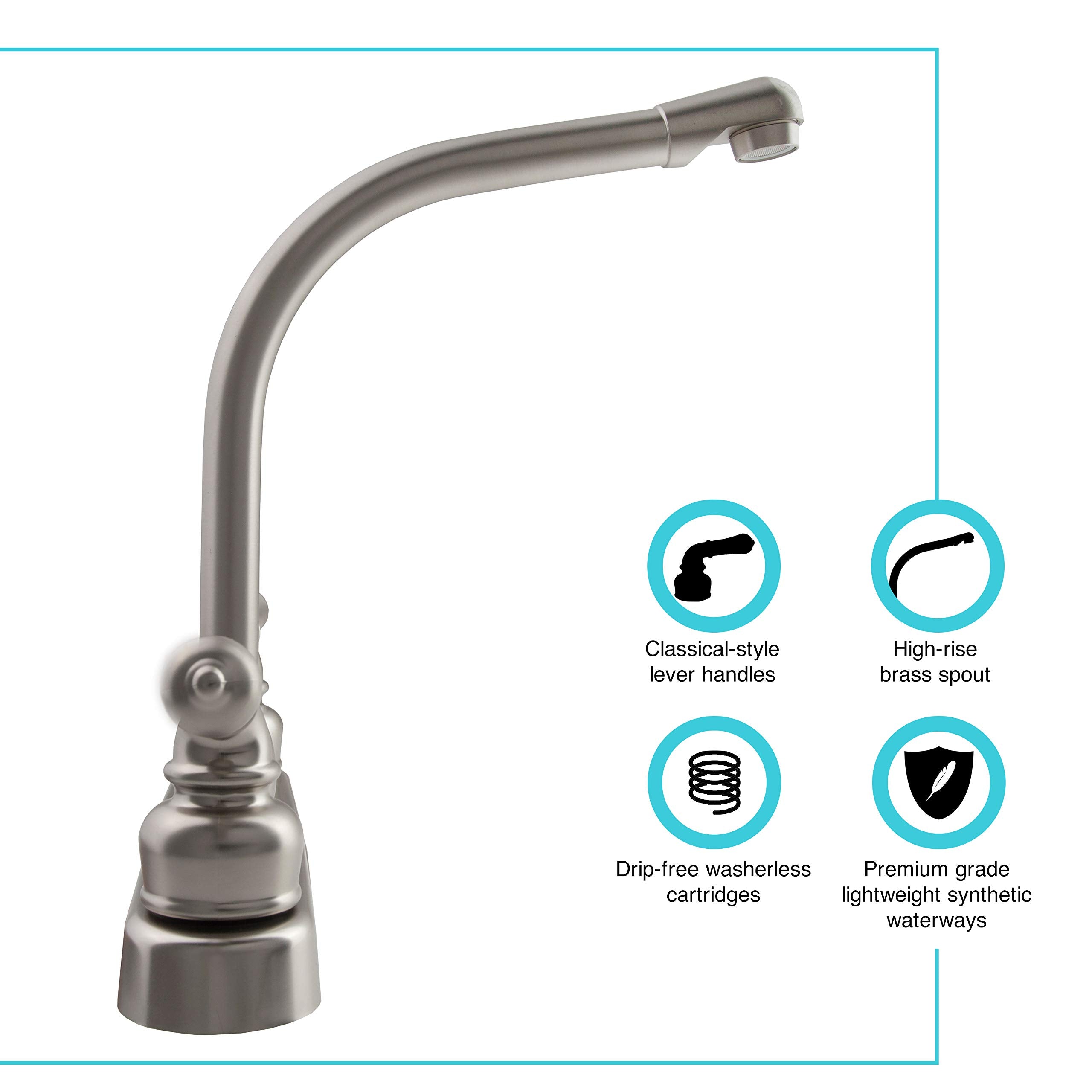 Dura Faucet Dura Faucet DF-PK210C-SN Hi-Rise RV Kitchen Sink Faucet with Classical Levers (Brushed Satin - Outdoor Depot