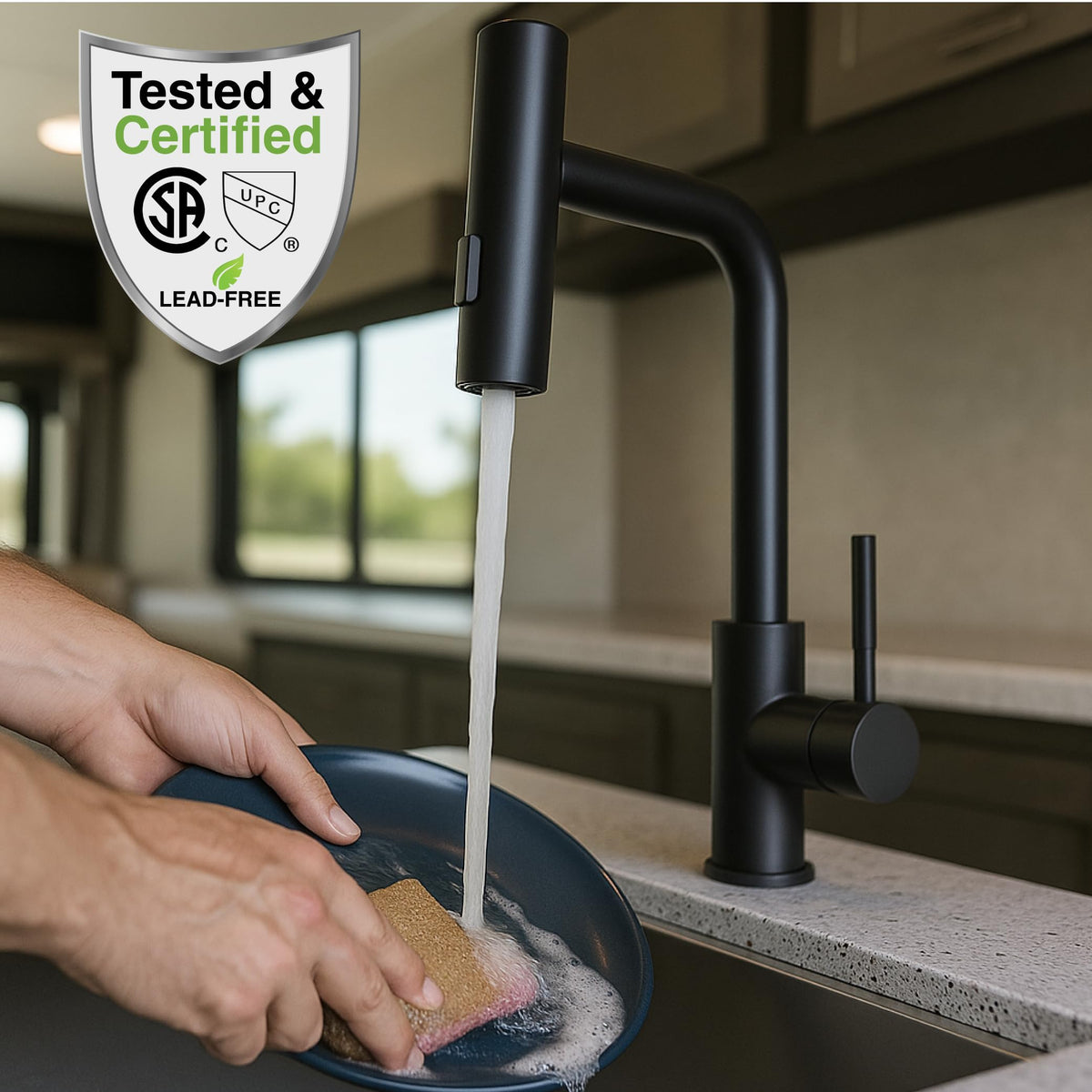 Dura Faucet Dura Faucet (DF-MK511X-MB) Rainfall RV Kitchen Faucet – Matte Black, Dual-Mode Rotating Spray - Outdoor Depot