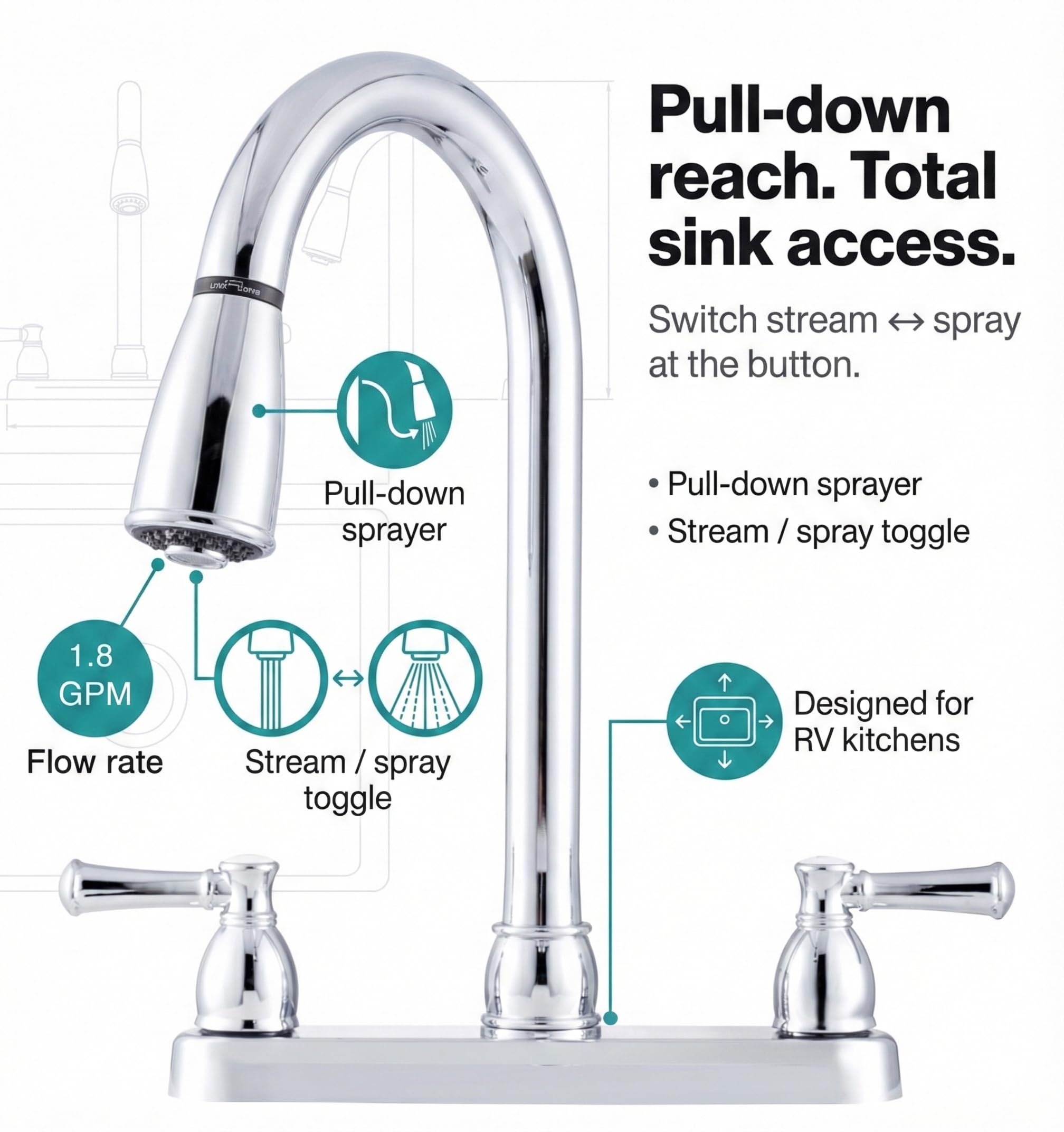 Dura Faucet Dura Faucet DF-PK350L-CP Non-Metallic Dual Lever Pull-Down Rv Kitchen Faucet - Chrome Polished - Outdoor Depot